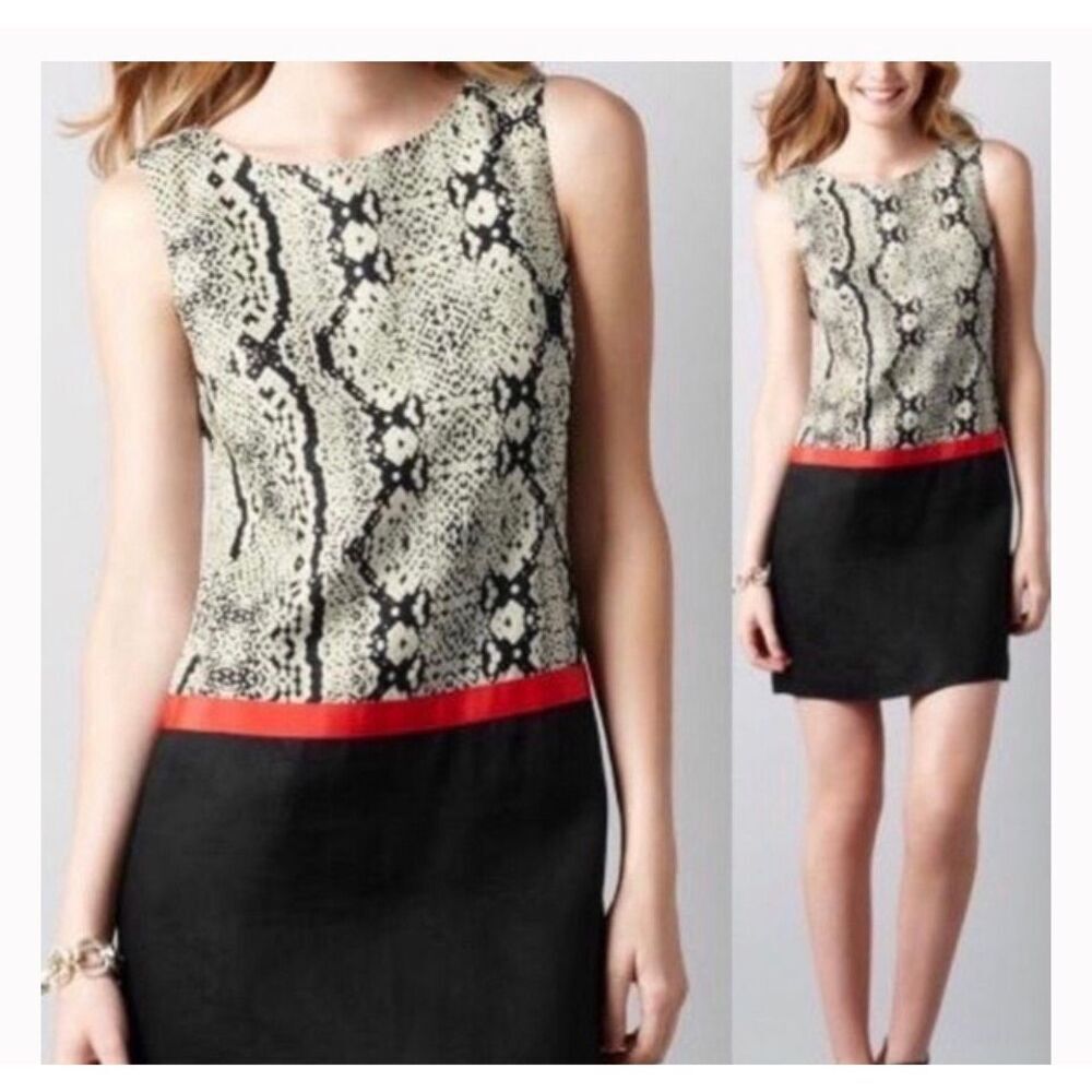 LOFT linen sleeveless shift dress with snakeskin print upper and black bottom -